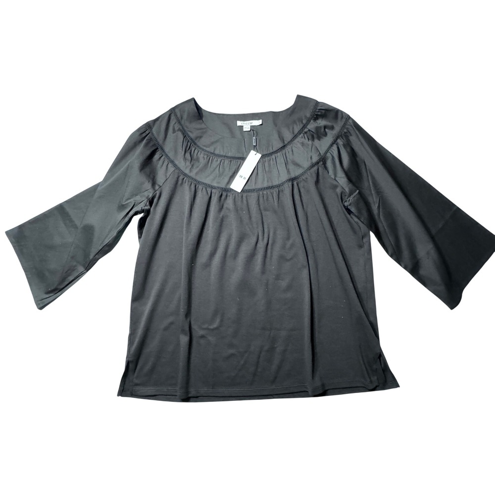 Chico's Lace Trim Knit Top Womens 2 L Black 3/4 NWT Sleeve Minimalist Blouse